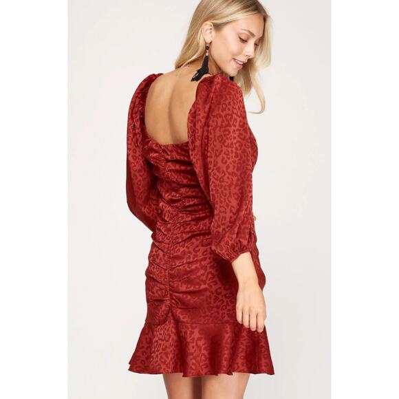 Burgundy Leopard Ruched Ruffle Mini Dress - Picture 2 of 3